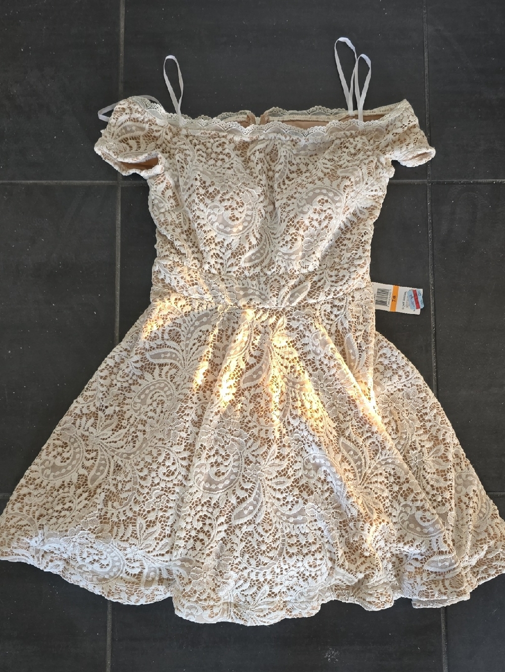 New! Cream Lace Off-Shoulder Dress With Tulle